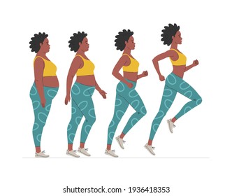 Weight loss stages for an African American woman. Vector illustration of cartoon chubby black woman jogging for weight loss. Isolated on white