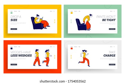 Weight Loss Stages Landing Page Template Set. Fat Female Character Getting Up, Running and Become Thin Transformation. f Obese Woman Turning into Healthy Body. Linear People Vector Illustration