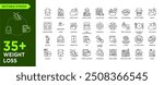 Weight Loss Stroke icon collections. Containing diet, manage weight, calories, healthy eating, cardio, fat burning, meal planning, body measurement and exercise icons. Editable Stroke icon collection 