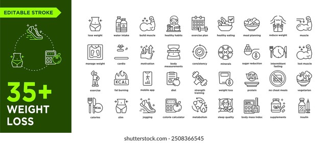 Icono de derrame cerebral de pérdida de peso colecciones. Contiene dieta, maneja peso, calorías, alimentación saludable, cardio, quema de grasa, planificación de comidas, medición corporal e íconos de ejercicio. Icono de trazo editable colección 