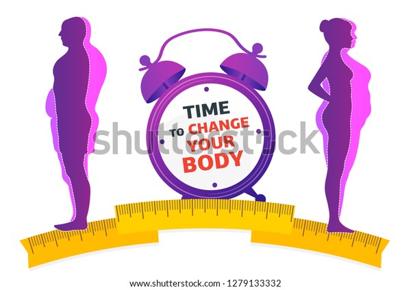Weight loss. Time to change your body. \
Man and woman before and after diet and\
fitness.