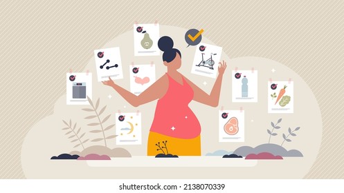 Weight loss tips with healthy habit change suggestions tiny person concept. Control body weight and obesity with sport activities, workout, diet and good sleep vector illustration. Effective slimming.