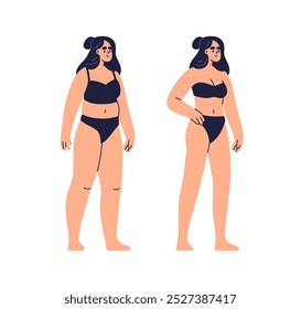 Weight loss transformation, before and after. Woman body comparison, changing from fat to fit slim figure. Physical improvement, progress. Flat vector illustration isolated on white background