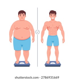 Weight loss transformation illustration featuring before and after fitness body change and healthy lifestyle concept for diet and wellness design projects
