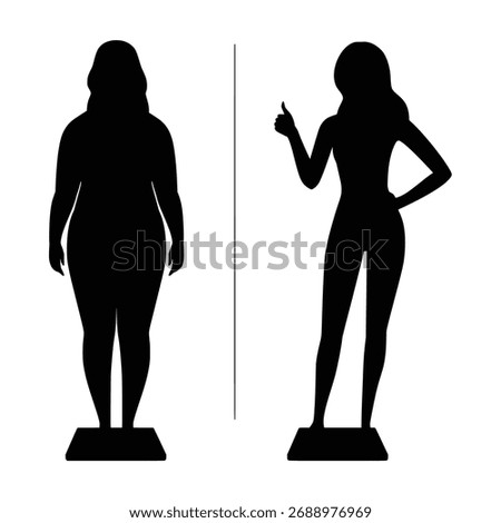 Weight Loss Transformation Silhouette – Before and After Female Body Comparison Isolated on White Background