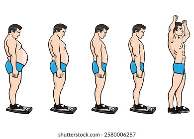 Weight Loss Transformation Stages - Fat to Fit Progression, Fitness and Body Evolution Vector Illustration