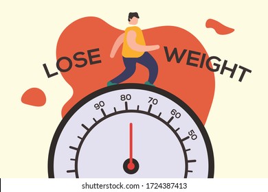 Weight loss vector concept: Overweight male exercise above a scale trying to lose weight