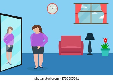 Weight loss vector concept: woman worried of her fat belly while looking at its mirror reflection