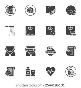 Weight loss vector icons set, modern solid symbol collection, filled style pictogram pack. Sign logo illustration. Set includes icons as diet, nutrition, detox, calories, healthy eating, meal planning