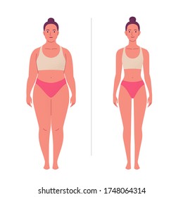 Weight loss. Vector illustration of cartoon young woman with overweight and slim body in underwear. Isolated on white.