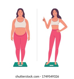 Weight loss. Vector illustration of cartoon young sad woman with overweight and same happy woman with slim body, standing on the scales. Isolated on white.
