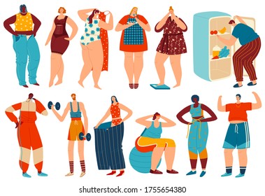 Weight loss vector illustration. Cartoon overweight obese woman man character losing fat after diet and fitness sport exercises, people lose obesity. Healthy transformation flat set isolated on white