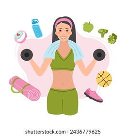 Weight loss vector illustration. Fitness and healthy lifestyle. Smiling slender girl in sports top with dumbbells in hands.
