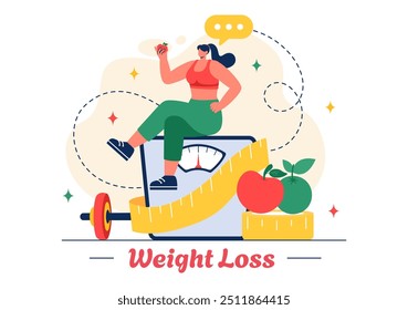 Ilustración vectorial de la transformación del cuerpo de una mujer que enfatiza la aptitud, los deportes, la dieta y un estilo de vida saludable en un fondo de estilo