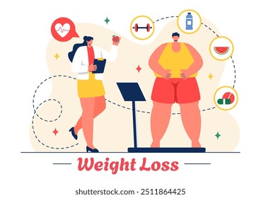 Weight Loss Vector Illustration of a Woman's Body Transformation emphasizing Fitness, Sports, Diet, and a Healthy Lifestyle in a Style Background
