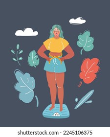 Weight loss. Vector illustration young sad woman with overweight, standing on the scales.