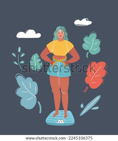 Weight loss. Vector illustration young sad woman with overweight, standing on the scales.