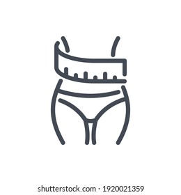 Weight loss and Waist correction line icon. Woman bosy with measuring tape vector outline sign.