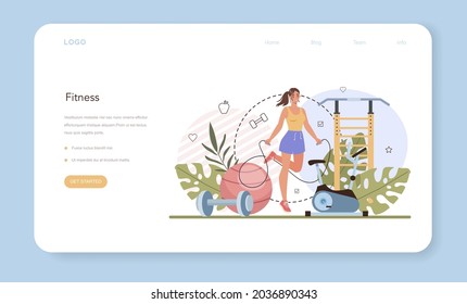 Weight loss web banner or landing page. Idea of fitness and healthy diet. Overweight person getting skinny with fitness and balanced nutrition. Slimming method. Flat vector illustration