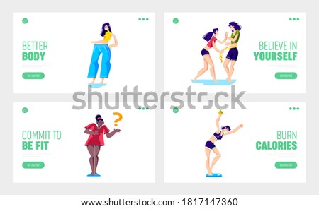 Weight loss website landing pages set with slim and happy female characters after weightloss. Healthy lifestyle, diet and fitness concept. Cartoon vector illustration