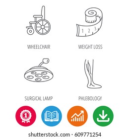 Weight loss, wheelchair and vein varicose icons. Surgical lamp and phlebology linear signs. Award medal, growth chart and opened book web icons. Download arrow. Vector