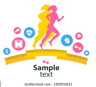 Weight loss. Woman before and after diet or weight loss. Fitness design template. Set of sport and health line icons in background. Blank space for your content, template.