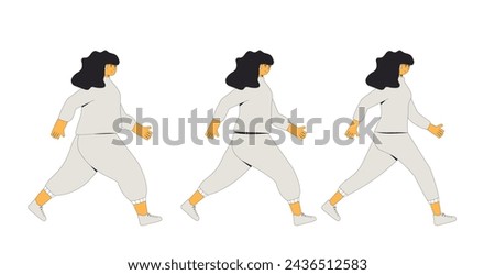 Weight loss woman sequence. Before and after diet and sport exercises. Female character with different body mass walking on white background. Vector flat illustration with outline.