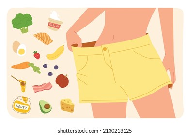 Pérdida de peso en el cuerpo de la mujer usando pantalones extragrandes con alimentos frescos saludables. Concepto de dieta, pérdida de peso, cuerpo delgado, estilo de vida saludable, buen comer. Ilustración vectorial plana.