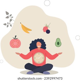 Pérdida de peso.control de nutrición con plan de dieta.ilustración plana vectorial.mujer feliz en posición de loto