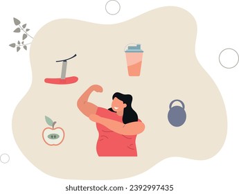Weight loss.control nutrition with diet plan.woman flexing her biceps and posing.flat vector illustration.
