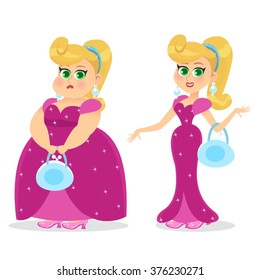 weight loss,woman,blond woman,fat woman,slim woman,vector,character.cartoon character,pink dress,princess,beautiful woman,big weight,diet,body,fat body,slim body,pretty woman,long dress,problem weight