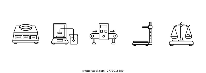 Weight machine icon set featuring counting scale density balance conveyor  height measuring stadiometer and traditional justice law scales.