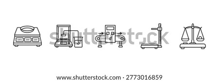 Weight machine icon set featuring counting scale density balance conveyor  height measuring stadiometer and traditional justice law scales.