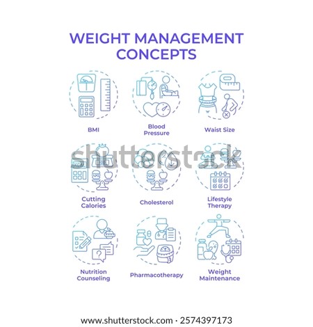 Weight management blue gradient concept icons. Body mass index. Nutrition diet, healthy food. Icon pack. Vector images. Round shape illustrations for infographic, presentation. Abstract idea