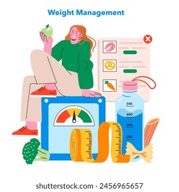 Weight Management concept. A woman sits on a scale, considering healthy food choices for effective weight control. Nutritional awareness and lifestyle balance. Vector illustration.