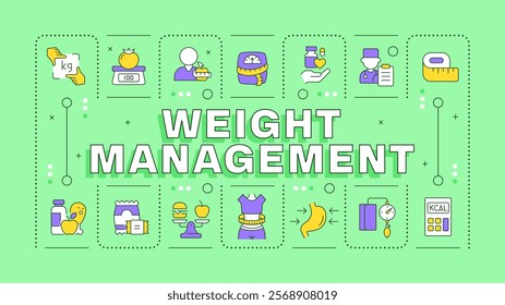 Weight management green word concept. Overweight control, diet. Waist measuring, scales. Typography banner. Vector illustration with title text, editable icons color