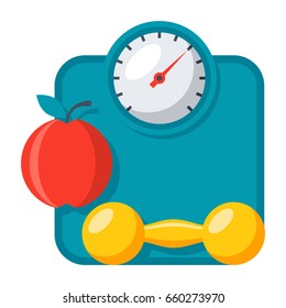 Weight management icon with bathroom scale, dumbbell and apple, vector illustration in flat style