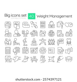 Weight management linear icons set. Healthy food. Nutrition, diet. Health care. Medicine, pharmacy. Customizable thin line symbols. Isolated vector outline illustrations. Editable stroke