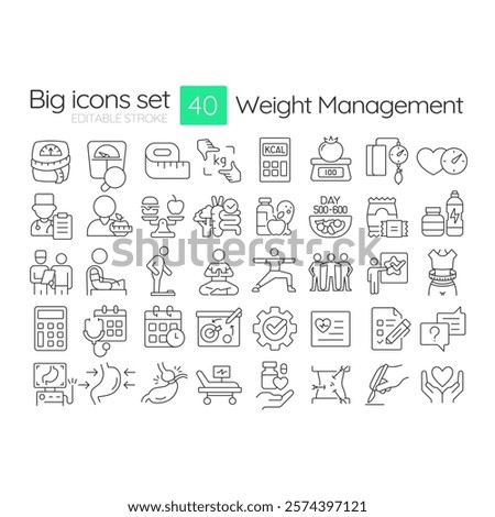 Weight management linear icons set. Healthy food. Nutrition, diet. Health care. Medicine, pharmacy. Customizable thin line symbols. Isolated vector outline illustrations. Editable stroke