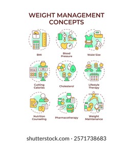 Weight management multi color concept icons. Body mass index. Nutrition diet, healthy food. Icon pack. Vector images. Round shape illustrations for infographic, presentation. Abstract idea