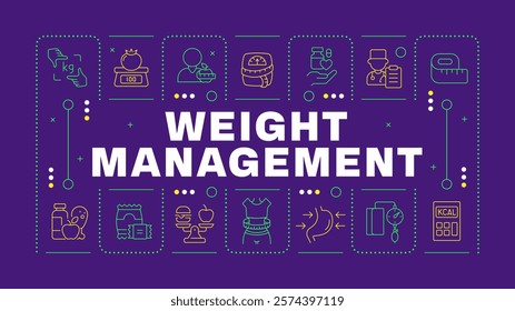 Weight management purple word concept. Healthy food, vitamins. Health care, medicine. Visual communication. Vector art with lettering text, editable glyph icons