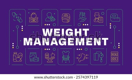 Weight management purple word concept. Healthy food, vitamins. Health care, medicine. Visual communication. Vector art with lettering text, editable glyph icons