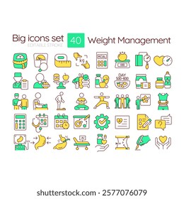 Weight management RGB color icons set. Healthy food, products. Body mass index. Obesity treatment. Isolated vector illustrations. Simple filled line drawings collection. Editable stroke