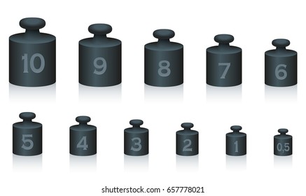 Weight masses of black iron for maths and physics, from one to ten, plus half unit - for calculating, counting and weighing - isolated vector illustration on white background.