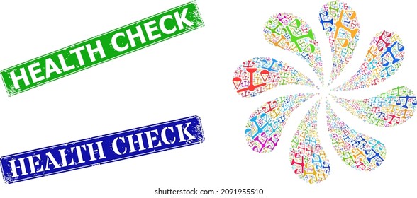 Weight measure icon multi colored rotation twist petals fireworks composition, and scratched Health Check seal. Blue Health Check and green Health Check rectangle grunge seal stamps.