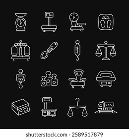 Weight measurement device line white icon set on black background. Vector collection with electronic and mechanical scales, weights, weigher, industrial scales. Editable stroke. - Powered by Shutterstock - Get 15% off with code: PIKWIZARD15