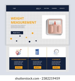 Weight measurement flat landing page website template. Distance measurement, calculator, hygrometer. Web banner with header, content and footer. Vector illustration.