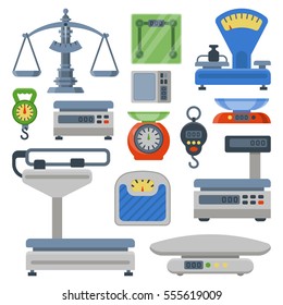 Weight measurement scales balance instrumentation tools vector illustration. Libra scale equipment for shops and store blue and red colors