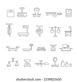 Weight measurement, scales balance, measuring tools isolated outline icons vector. Libra and shop or market equipment, trade and justice linear symbols. Electronic or mechanic weighing instrument