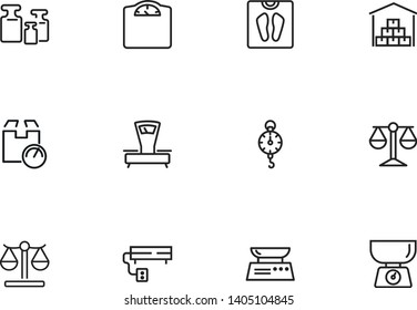 Weight measurement tools line icon set. Electronic or manual scale, justice symbol, warehouse. Weight concept. Can be used for topics like logistics, cargo, shipment, market